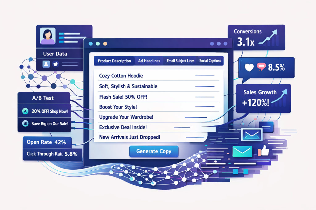 Illustration showing AI-powered copywriting strategies used by D2C brands to create personalized, high-engagement content.