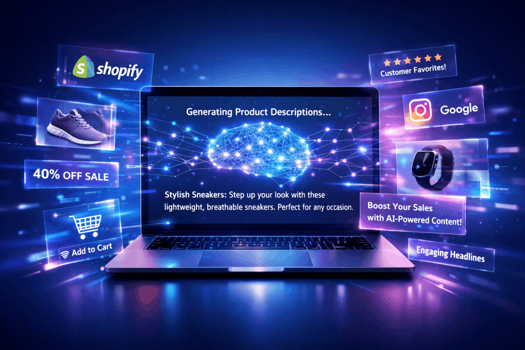 AI copywriting tools for D2C brands generating marketing content on laptop with neural network visualization