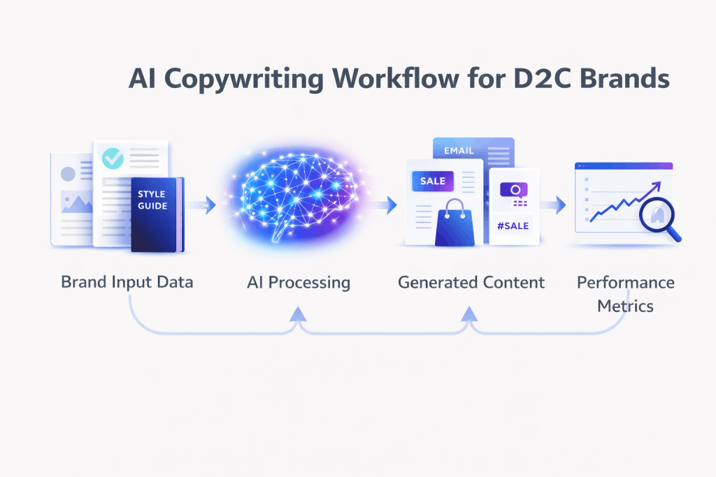 D2C AI copywriting workflow infographic showing content generation process from input to performance metrics