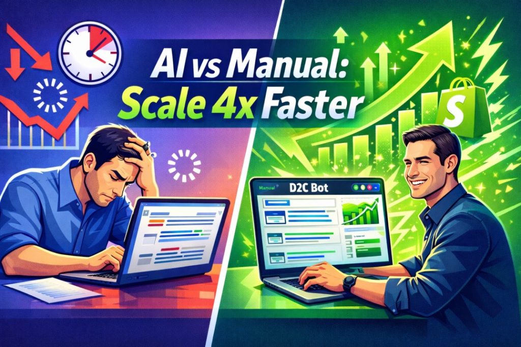 AI vs manual blogging for D2C brands: Scale content 4x faster with Shopify tools like D2C Bot growth charts