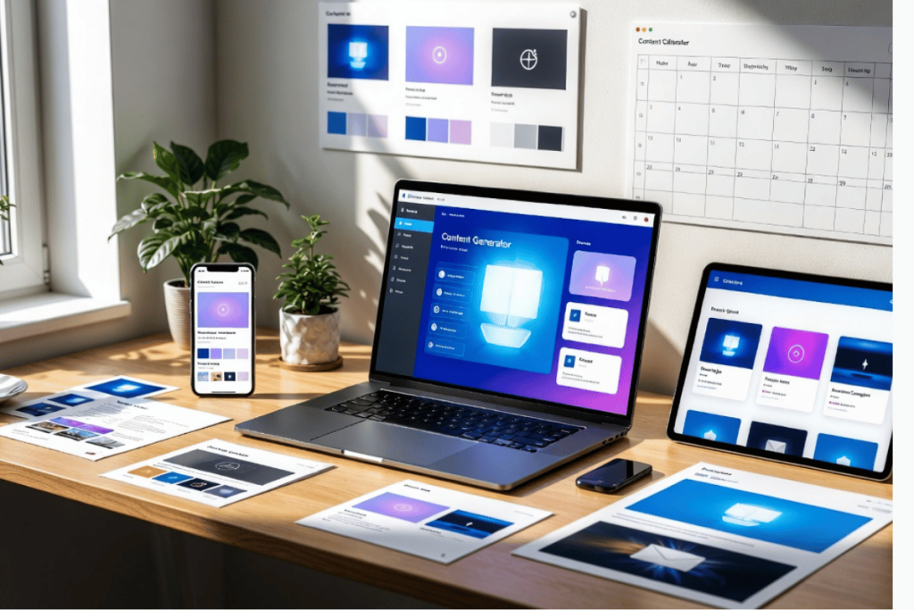 Content creator workspace showing AI-generated blog posts, social media content, and email campaigns for D2C marketing
