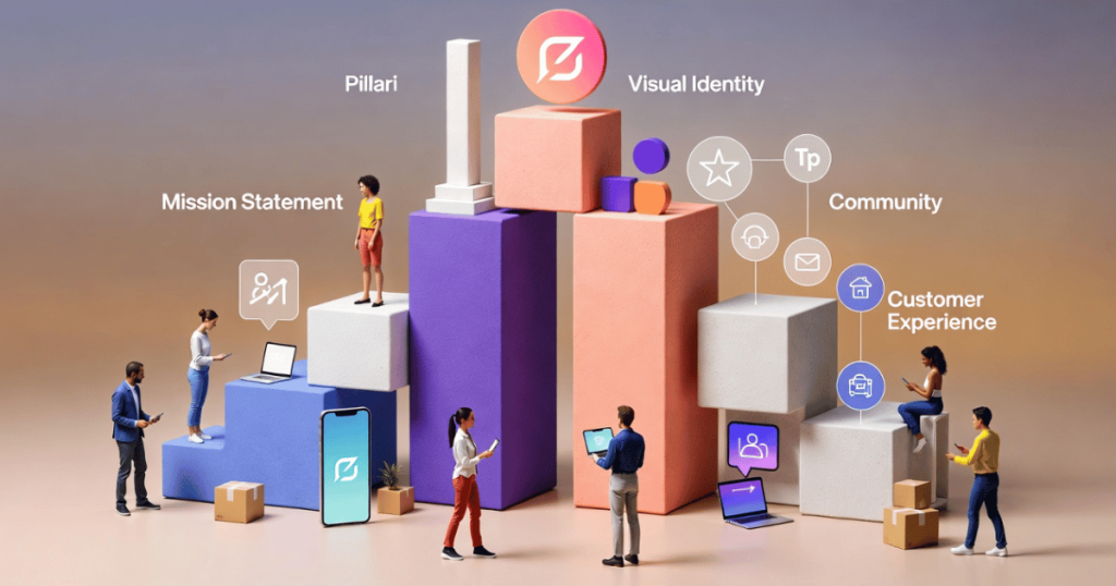 D2C brand building visualization showing core brand elements including identity, community, and customer experience