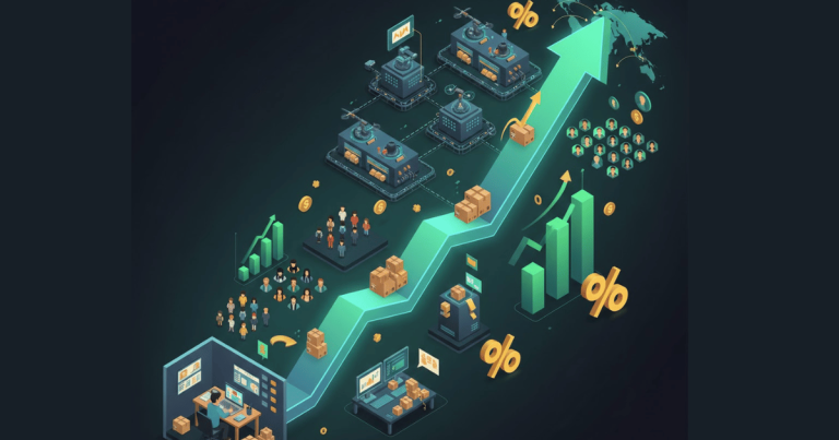 D2C business scaling visualization showing growth trajectory from startup to large-scale operations with expanding metrics