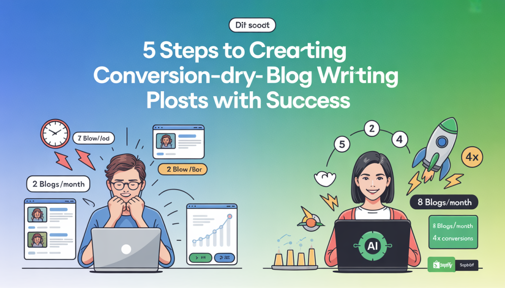 5-step AI blog writing guide for Shopify D2C brands showing conversion growth with D2C Bot