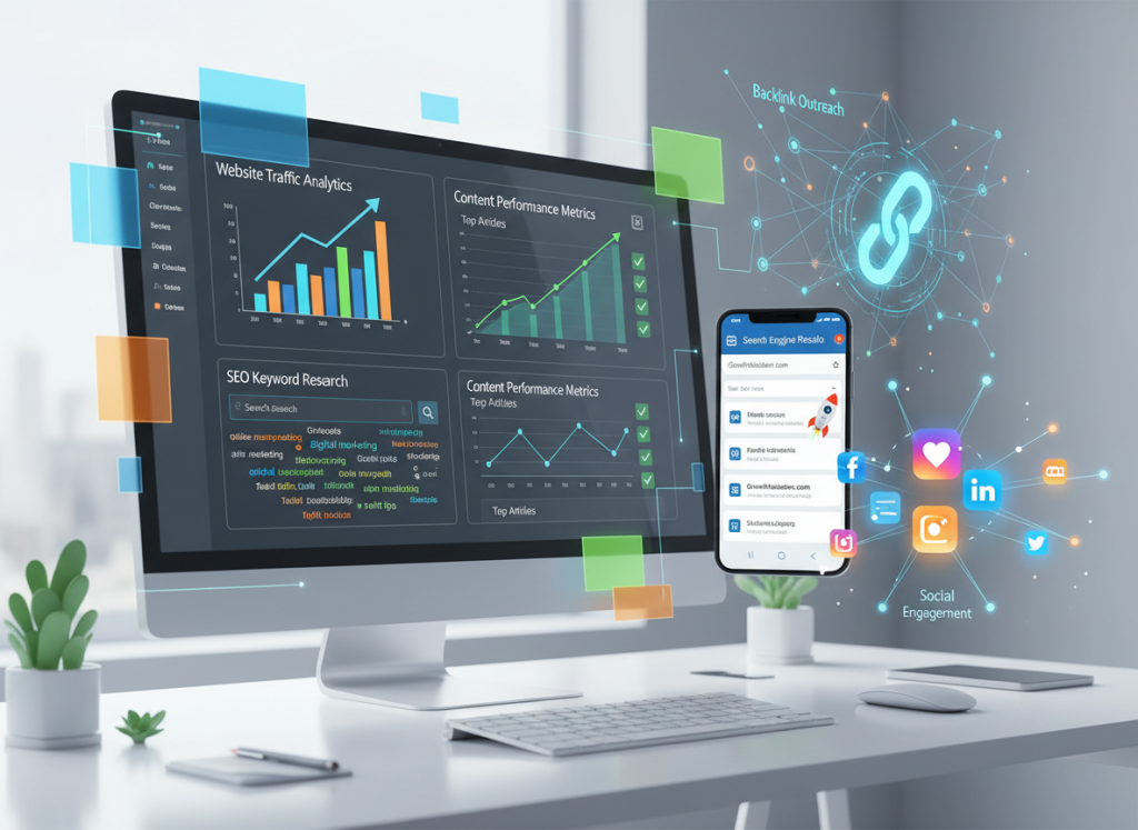 Website traffic growth analytics dashboard-style image showing SEO performance, rising traffic graphs, and keyword research visuals.