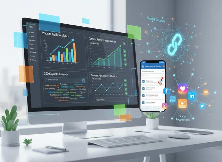 Website traffic growth analytics dashboard-style image showing SEO performance, rising traffic graphs, and keyword research visuals.