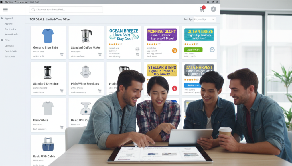 Side-by-side comparison of ecommerce product titles showing generic vs catchy product names designed to boost engagement and clicks