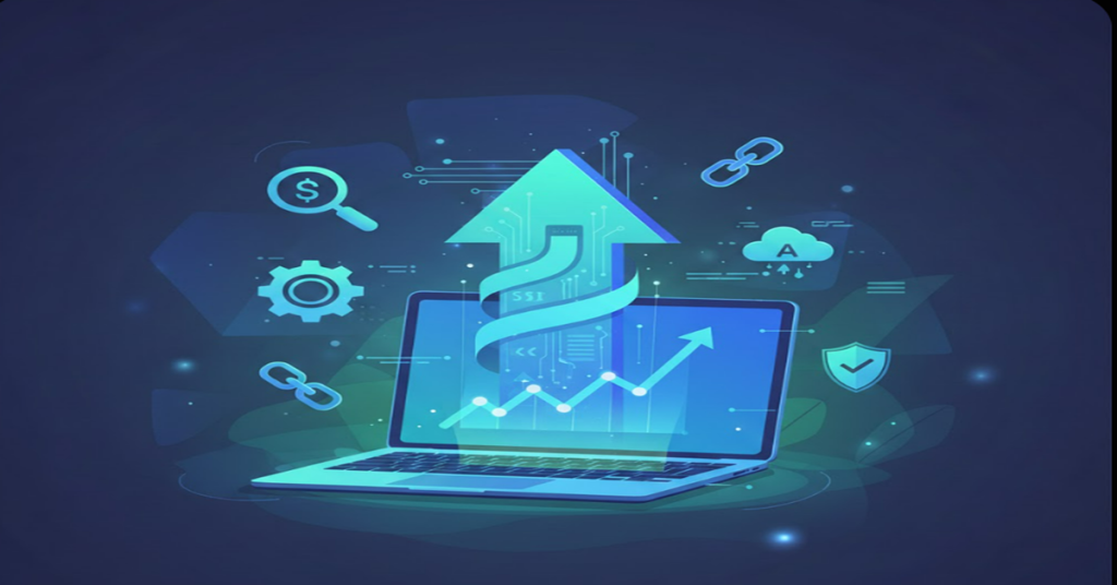 Modern digital illustration showing a laptop with a rising growth graph and SEO icons to increase website traffic free.
