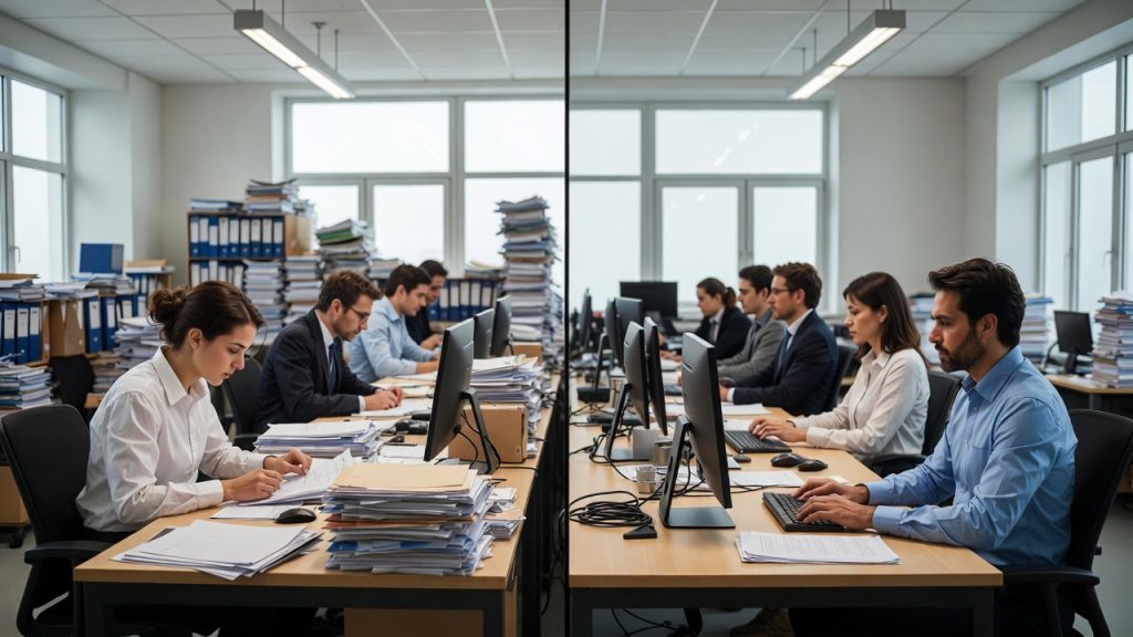Business office showing transformation from manual work overload to streamlined AI-automated operations with employees focused on strategic tasks