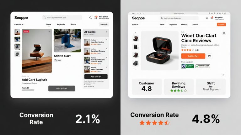Product page optimization comparison showing unoptimized layout versus AI-optimized page with improved conversion elements and higher sales performance