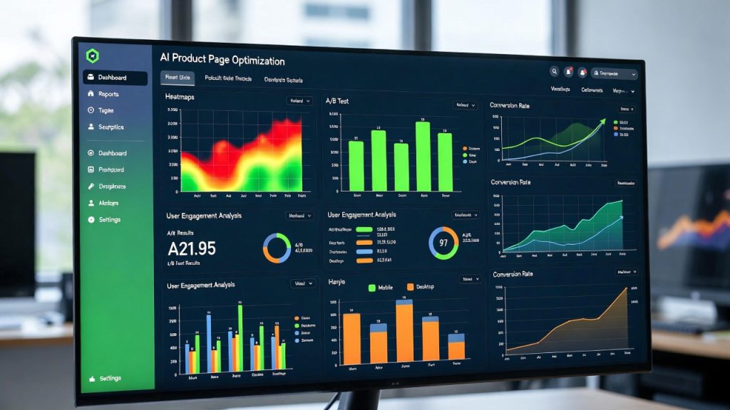 AI optimization analytics dashboard showing product page performance metrics conversion rates and A/B testing results for data-driven decisions
