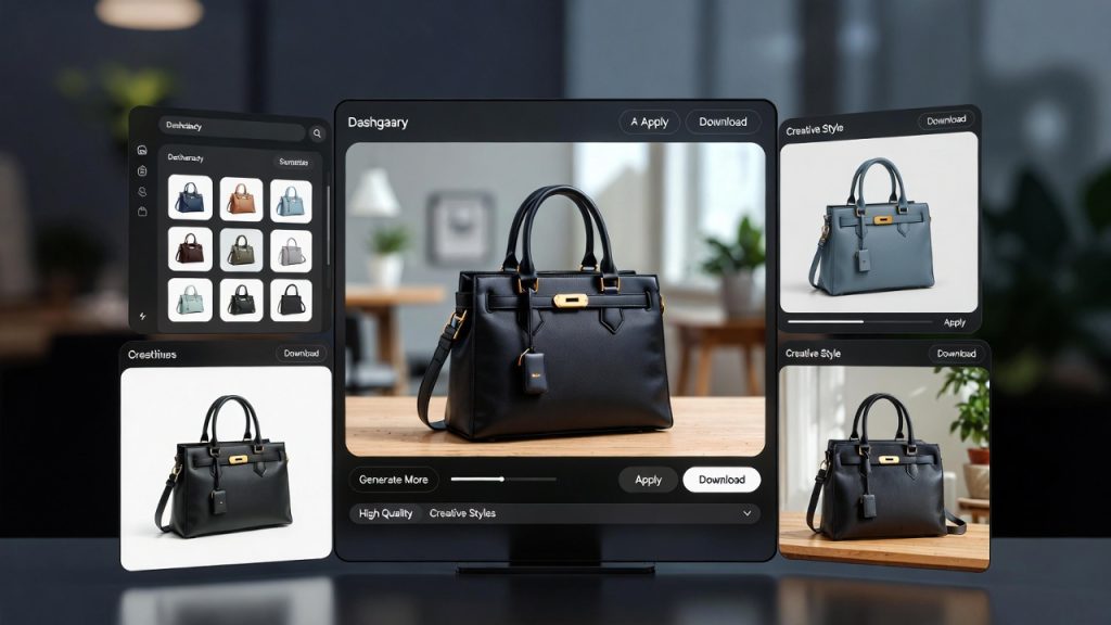 AI-generated product images for online store showing high-quality visuals and multiple shot variations.