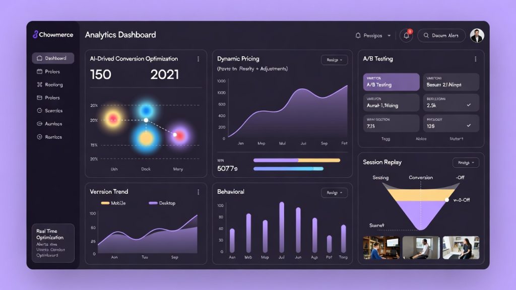 AI ecommerce conversion optimization dashboard showing metrics like heatmaps, A/B test results, and real-time performance trends.