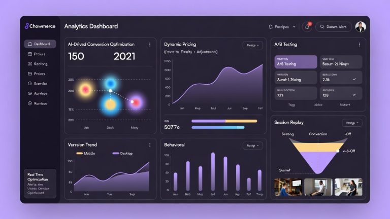 AI ecommerce conversion optimization dashboard showing metrics like heatmaps, A/B test results, and real-time performance trends.