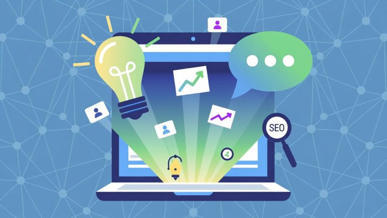 Digital illustration of a laptop screen displaying a rising graph and icons representing ideas, engagement, and SEO, symbolizing best practices for creating engaging blog posts.