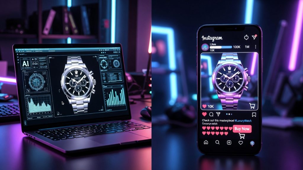 A digital illustration showing a laptop using AI to generate high-converting social media creatives for an ecommerce store