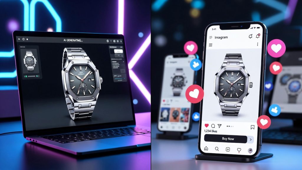 A digital illustration showing a laptop using AI to generate high-converting social media creatives for an ecommerce store.