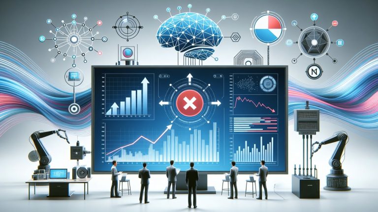 an AI analytics dashboard with predictive charts, trend lines, and decision indicators overlaid on a business team reviewing data