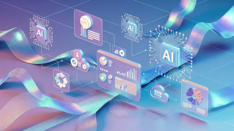 AI-driven automation workflows connecting enterprise systems, data analytics, and intelligent process optimization in a modern digital workspace.