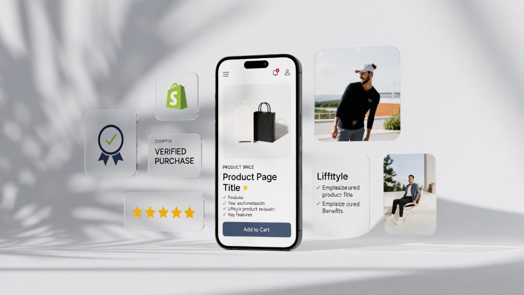 Ecommerce product page optimization example showing high-converting layout with trust badges, clear CTA, and mobile-responsive design to increase sales for D2C brands
