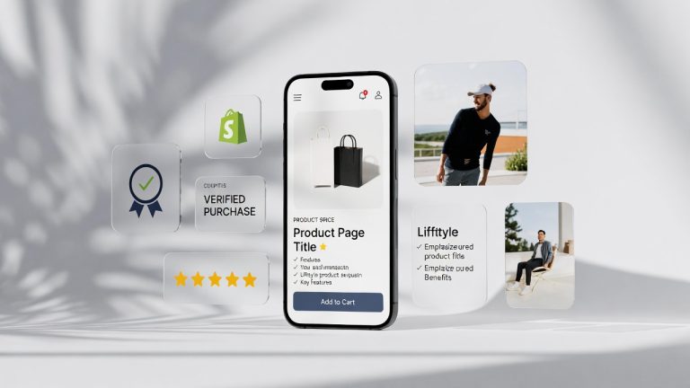 Ecommerce product page optimization example showing high-converting layout with trust badges, clear CTA, and mobile-responsive design to increase sales for D2C brands