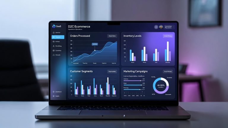 D2C automation software dashboard displaying inventory tracking, AI marketing workflows, and real-time ecommerce analytics.