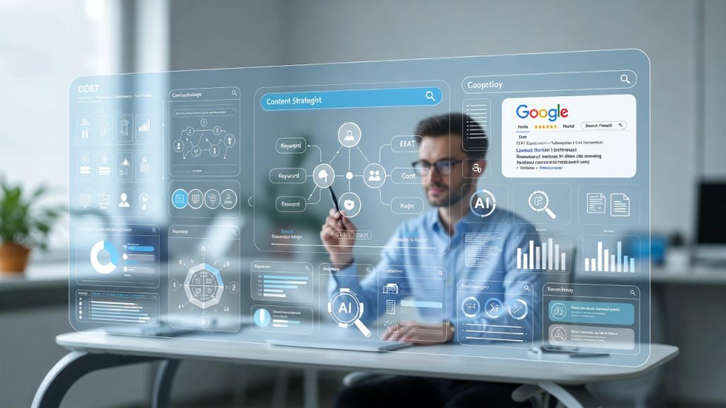 AI generated content for SEO strategy showing human and AI collaboration to rank on Google