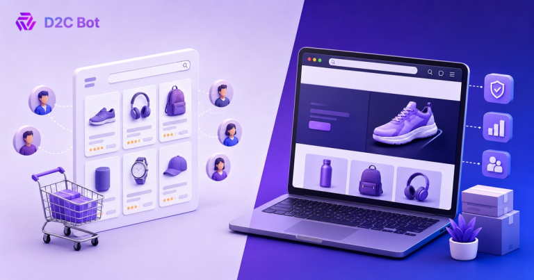 3D illustration comparing Shopify product listings and an AI-powered branded storefront with D2CBot branding.