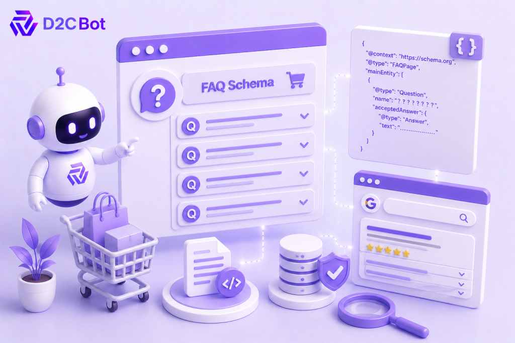 3D SaaS illustration of an AI-powered ecommerce FAQ schema generator with D2CBot branding