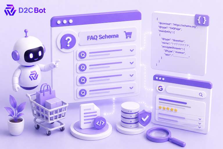 3D SaaS illustration of an AI-powered ecommerce FAQ schema generator with D2CBot branding