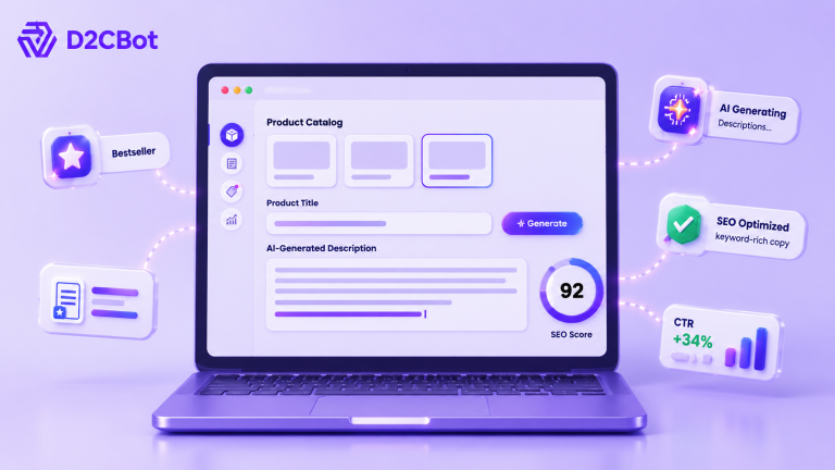 SERP feature optimization illustration showing featured snippets, rich results, SEO performance metrics, and search visibility improvements with D2CBot.