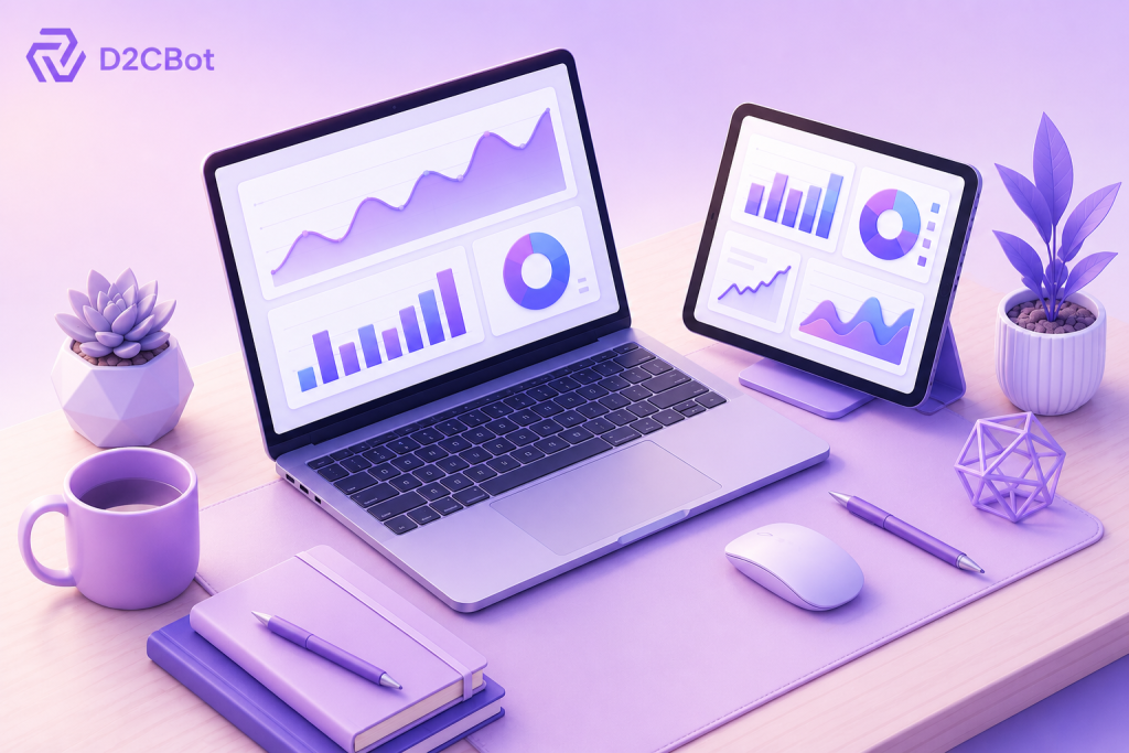 D2CBot ecommerce analytics dashboard displaying business performance metrics, sales reports, and growth insights across laptop and tablet devices