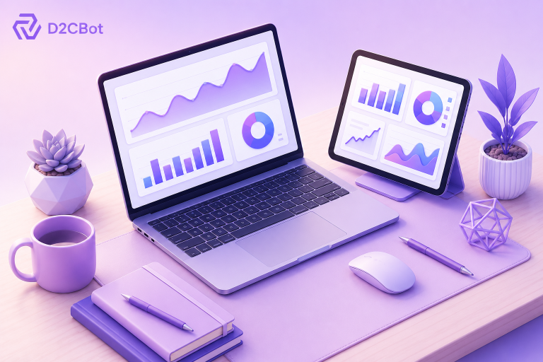 D2CBot ecommerce analytics dashboard displaying business performance metrics, sales reports, and growth insights across laptop and tablet devices