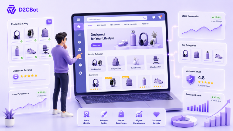 Amazon Storefront illustration showing a branded ecommerce store with product catalog, customer reviews, analytics, and conversion optimization by D2CBot