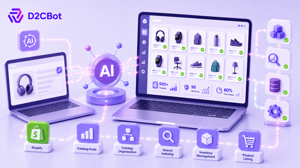 AI-powered ecommerce product description generator creating SEO-optimized product catalogs with Shopify integration, search indexing, and D2CBot branding.
