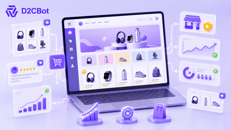 3D illustration of an Amazon Storefront-inspired ecommerce dashboard with product catalog, customer reviews, sales analytics, conversion optimization, and D2CBot branding