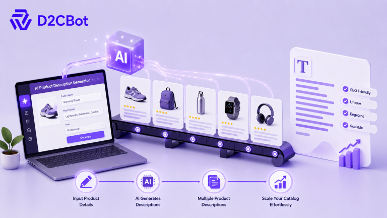 AI product description generator illustration showing automated ecommerce catalog copywriting, bulk product description generation, SEO-friendly content creation, and D2CBot branding.