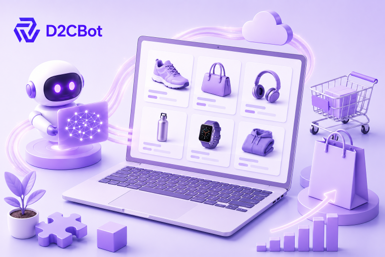 AI product description generator for Shopify illustration featuring automated ecommerce content creation, product catalog management, and D2CBot branding