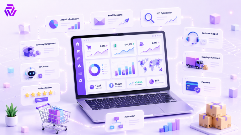 Modern 3D ecommerce dashboard showing connected AI automation tools, business analytics, inventory management, payments, shipping, customer support, and D2CBot branding.
