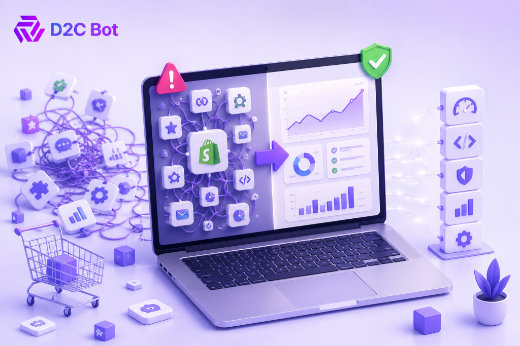 3D illustration of Shopify app sprawl transforming into a centralized ecommerce automation dashboard with D2CBot branding.