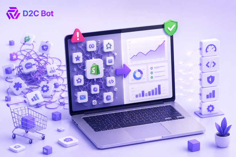3D illustration of Shopify app sprawl transforming into a centralized ecommerce automation dashboard with D2CBot branding.