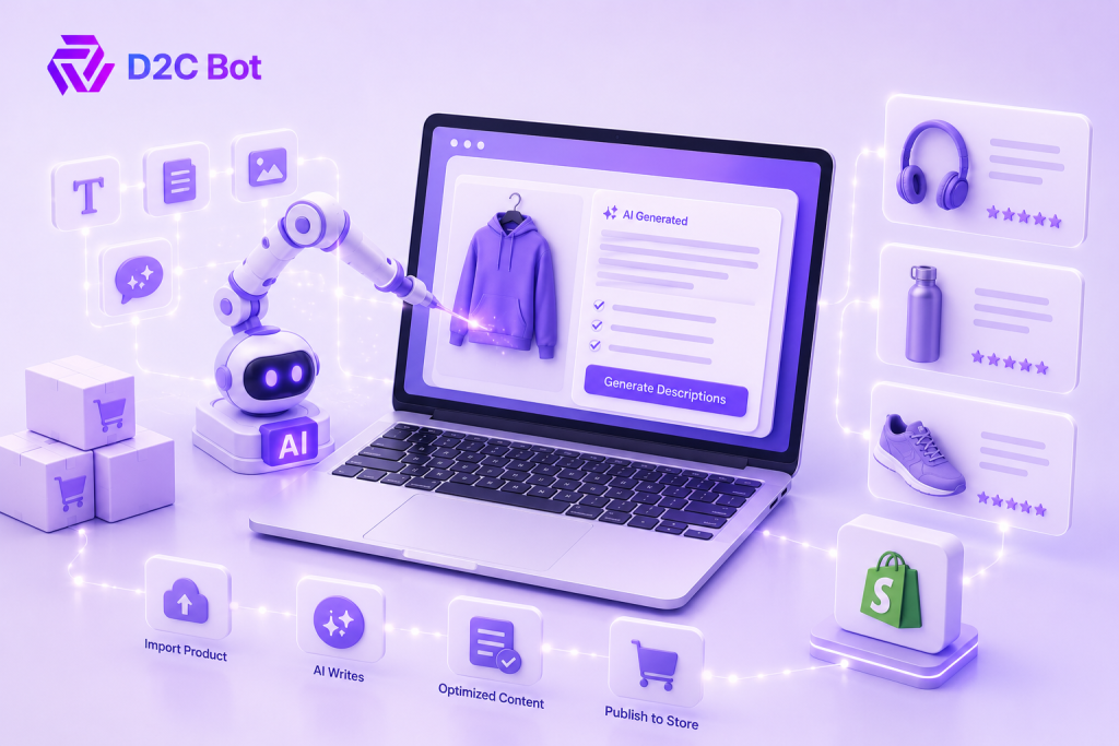 3D SaaS illustration of automated Shopify dropshipping product descriptions with AI content generation, SEO optimization, and D2CBot branding.