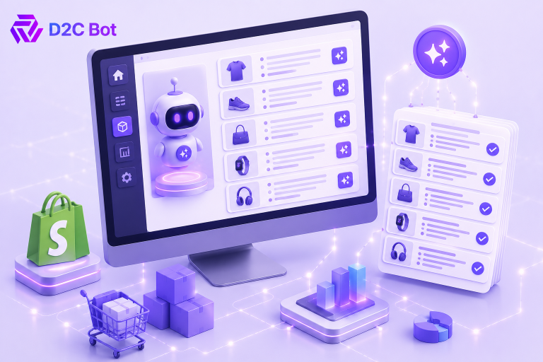 3D SaaS illustration of AI-powered bulk product description generation for Shopify with ecommerce automation and D2CBot branding.