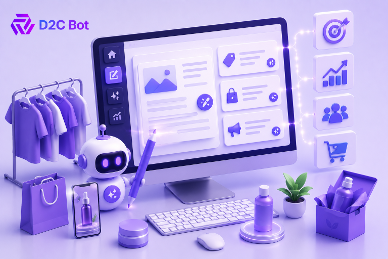3D SaaS illustration of an AI copywriting tool for D2C ecommerce brands with content automation and D2CBot branding