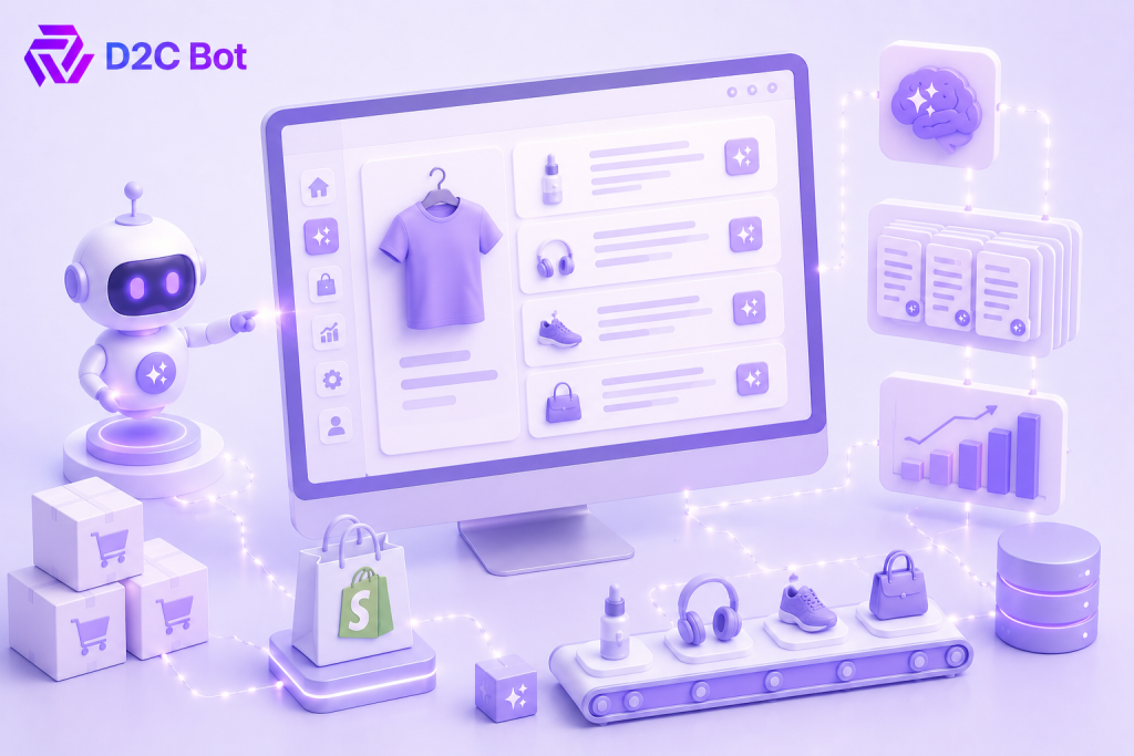 3D SaaS illustration of AI-powered bulk Shopify product description generation with ecommerce automation and D2CBot branding
