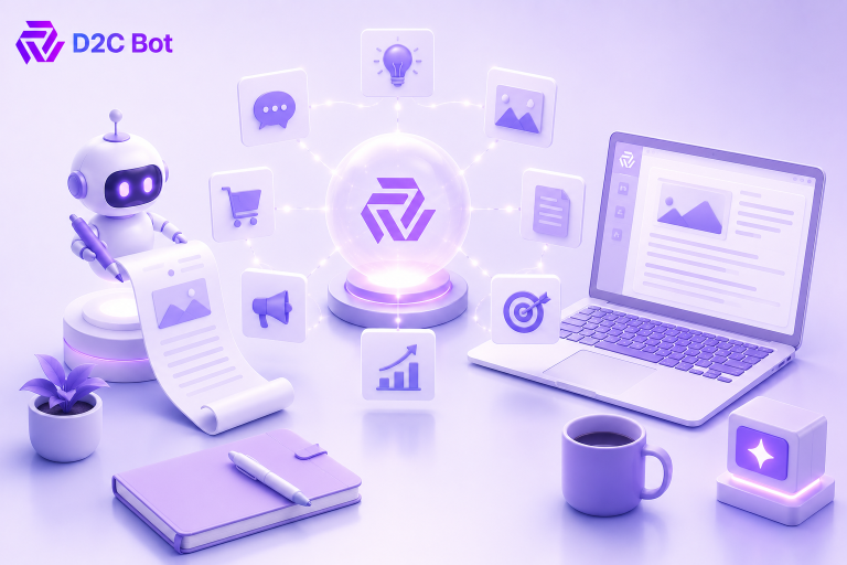 Premium 3D isometric illustration of an AI-powered ecommerce blog content generator with content creation workflow, marketing automation, analytics, publishing tools, and D2CBot branding.