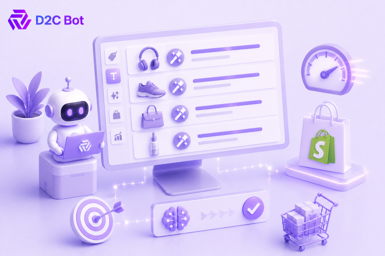 AI automatically generating optimized SEO titles for Shopify products through a centralized dashboard with automation workflows and D2CBot branding.