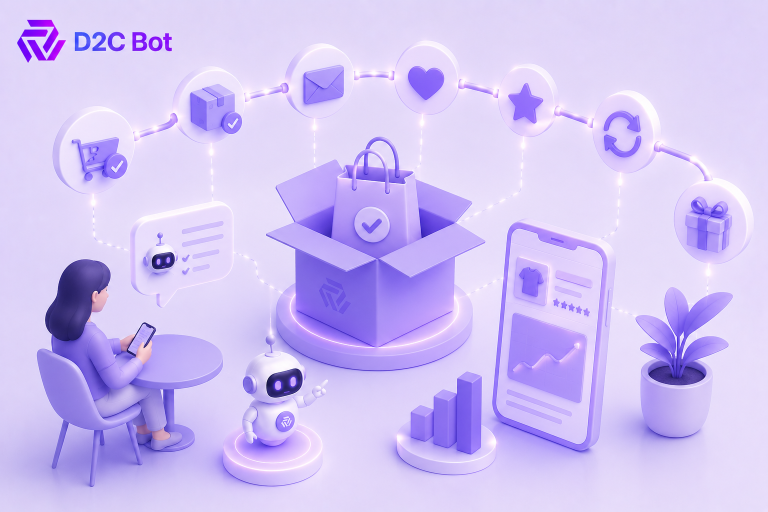 3D SaaS illustration of AI-driven post-purchase automation workflow with ecommerce order fulfillment, customer retention, and D2CBot branding.