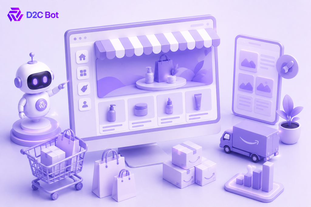 3D SaaS illustration of an AI-powered Amazon storefront with product catalog management, ecommerce automation, and D2CBot branding.