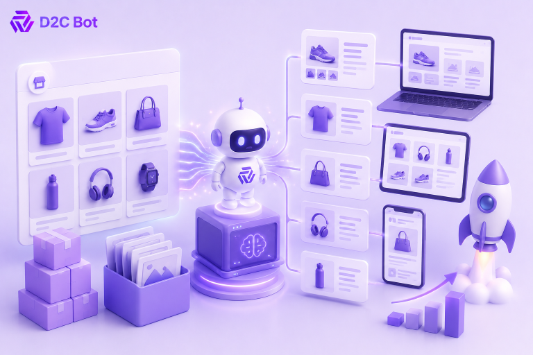3D SaaS illustration of AI bulk product content generation for ecommerce with automated catalog publishing and D2CBot branding